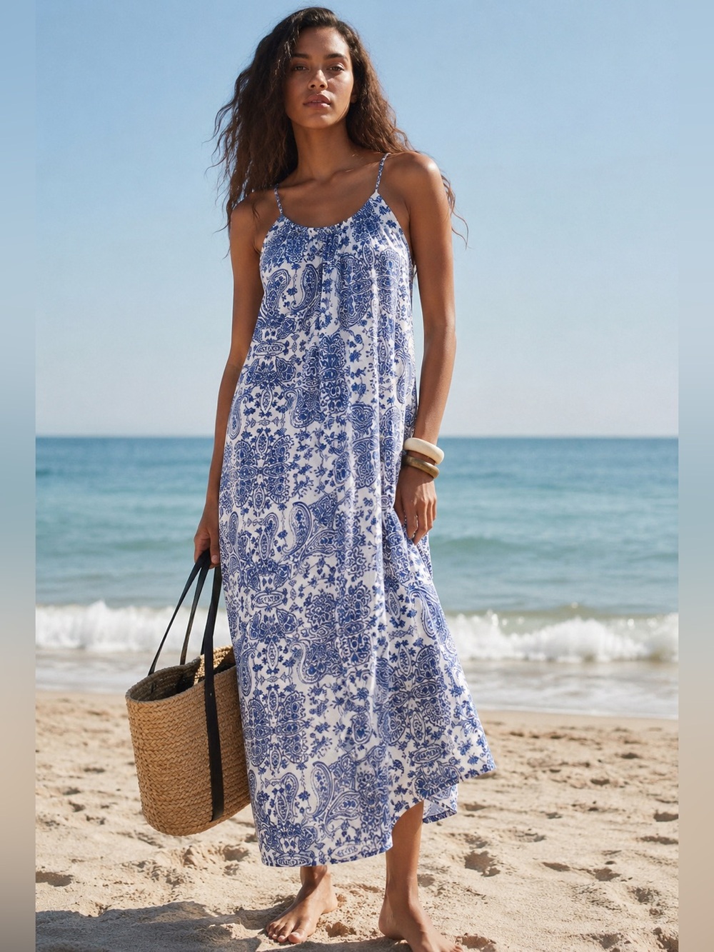H&M Blue and White Paisley Jersey Sundress Maxi Dress
